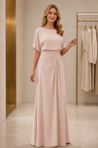 Elegant A-Line Boat Neck Short-Sleeve Closed-Back Floor-Length Mother of the Bride Dress