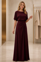 Elegant A-Line Boat Neck Short-Sleeve Closed-Back Floor-Length Mother of the Bride Dress