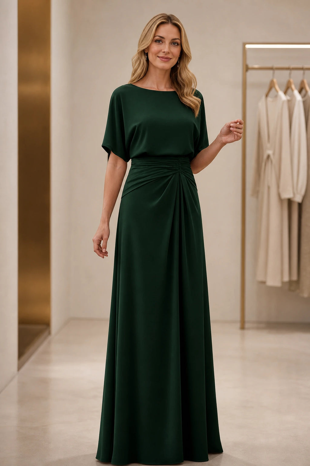 Elegant A-Line Boat Neck Short-Sleeve Closed-Back Floor-Length Mother of the Bride Dress