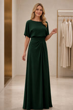 Elegant A-Line Boat Neck Short-Sleeve Closed-Back Floor-Length Mother of the Bride Dress