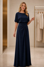 Elegant A-Line Boat Neck Short-Sleeve Closed-Back Floor-Length Mother of the Bride Dress