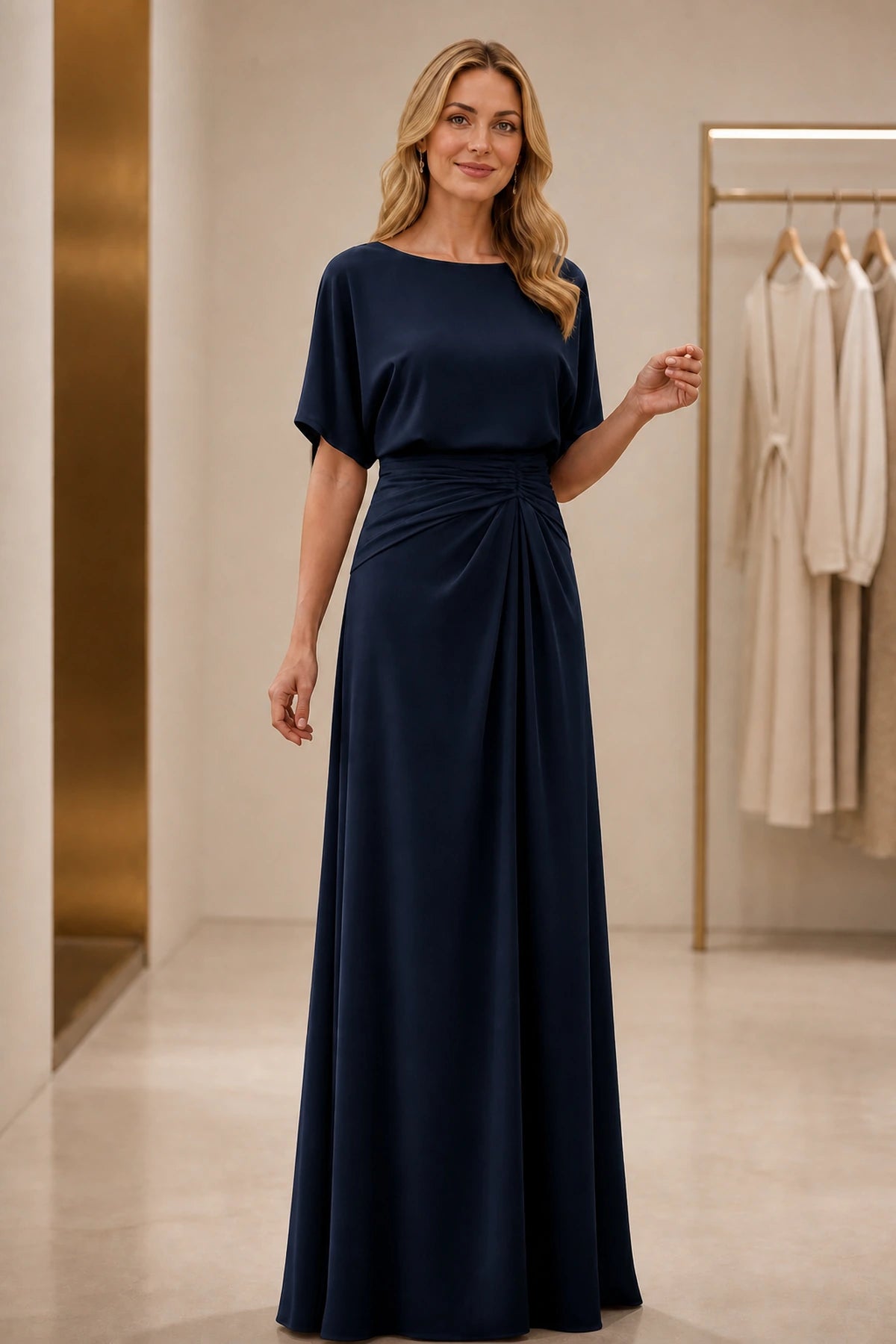 Elegant A-Line Boat Neck Short-Sleeve Closed-Back Floor-Length Mother of the Bride Dress