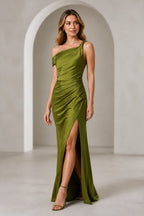 Olive green one-shoulder floor-length bridesmaid dress with ruched waist and high side slit