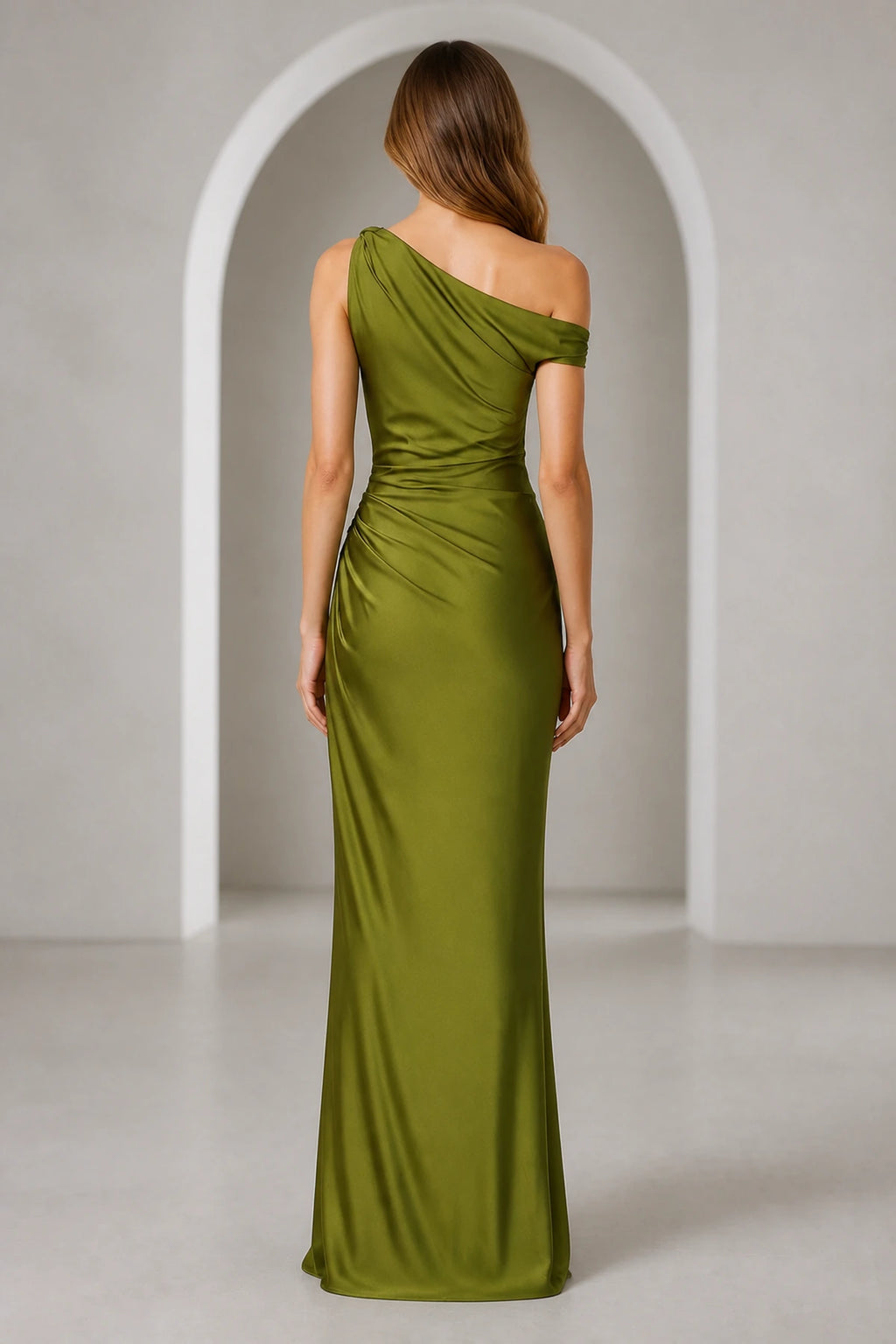 Olive green one-shoulder floor-length bridesmaid dress with draped back detail