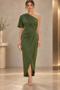 Olive green Mother of the Bride Dress with one-shoulder neckline, draped waist and overlapping floor-length skirt