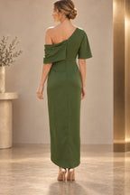 Back view of olive green Mother of the Bride Dress with asymmetrical draped shoulder, center zipper and sheath skirt