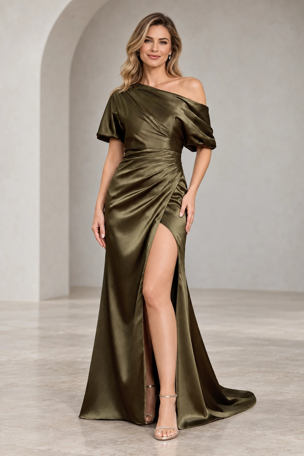 Olive green one shoulder Mother of the Bride Dress with ruched waist and front slit