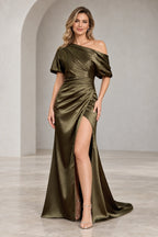 Olive green one shoulder Mother of the Bride Dress with ruched waist and front slit