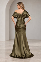 Olive green Mother of the Bride Dress with draped back neckline ruching and zipper back