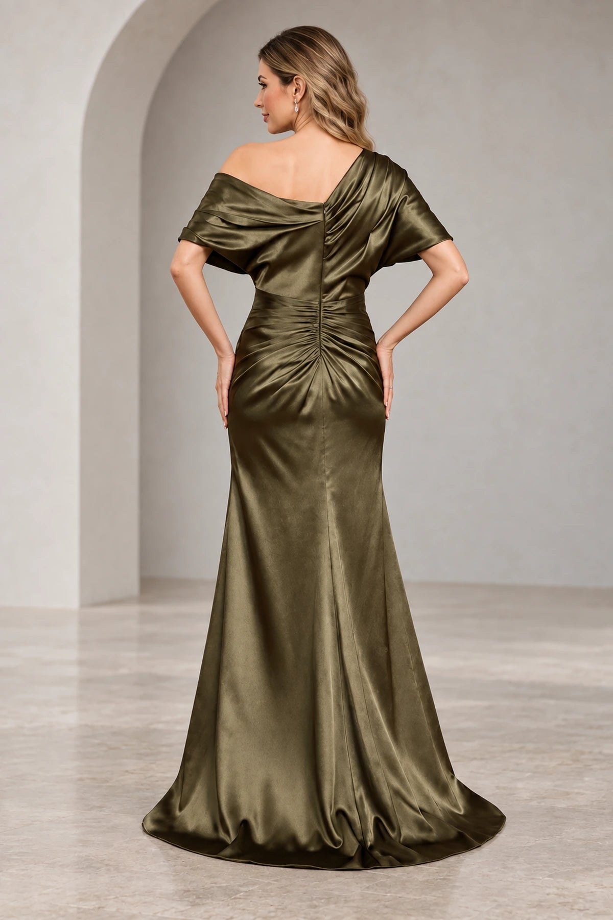 Olive green Mother of the Bride Dress with draped back neckline ruching and zipper back