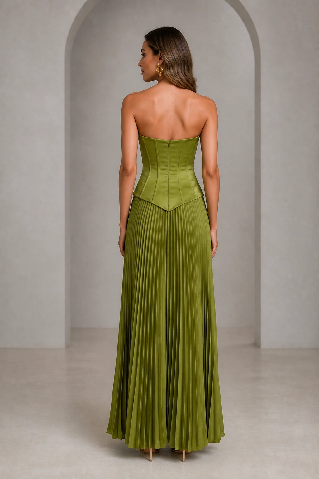 Olive green strapless corset pleated A-line long wedding guest dress