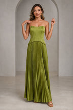 Olive green strapless corset pleated A-line long wedding guest dress