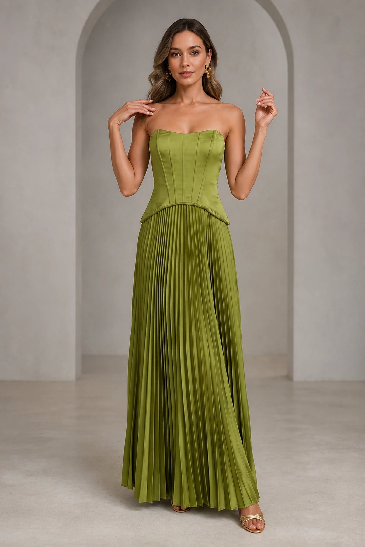 Olive green strapless corset pleated A-line long wedding guest dress