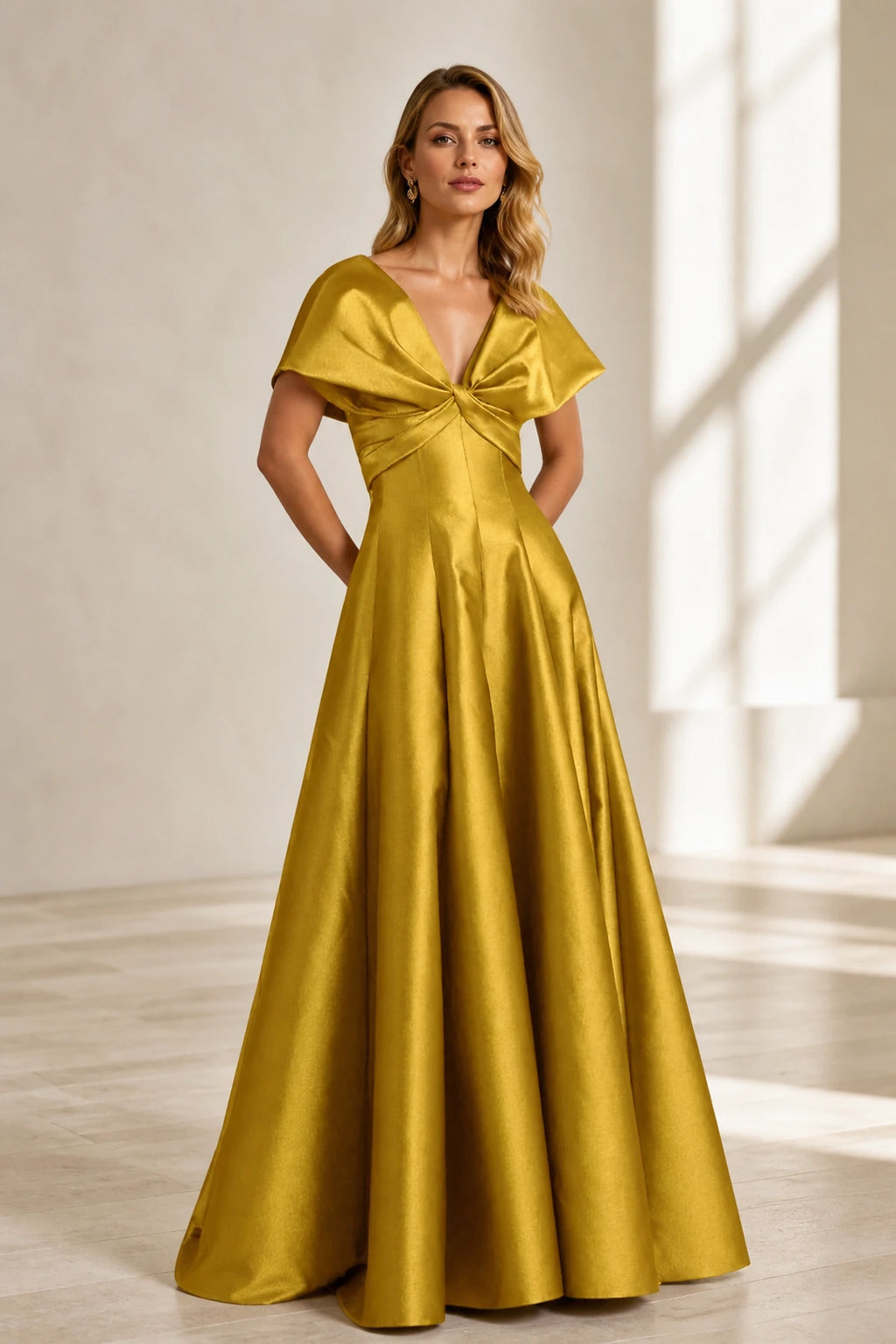 Sophisticated A-Line V-Neck Cape-Sleeve Zipper-Back Floor-Length Satin Evening Dress