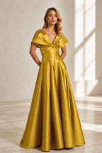 Sophisticated A-Line V-Neck Cape-Sleeve Zipper-Back Floor-Length Satin Evening Dress