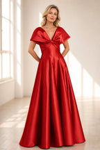 Sophisticated A-Line V-Neck Cape-Sleeve Zipper-Back Floor-Length Satin Evening Dress