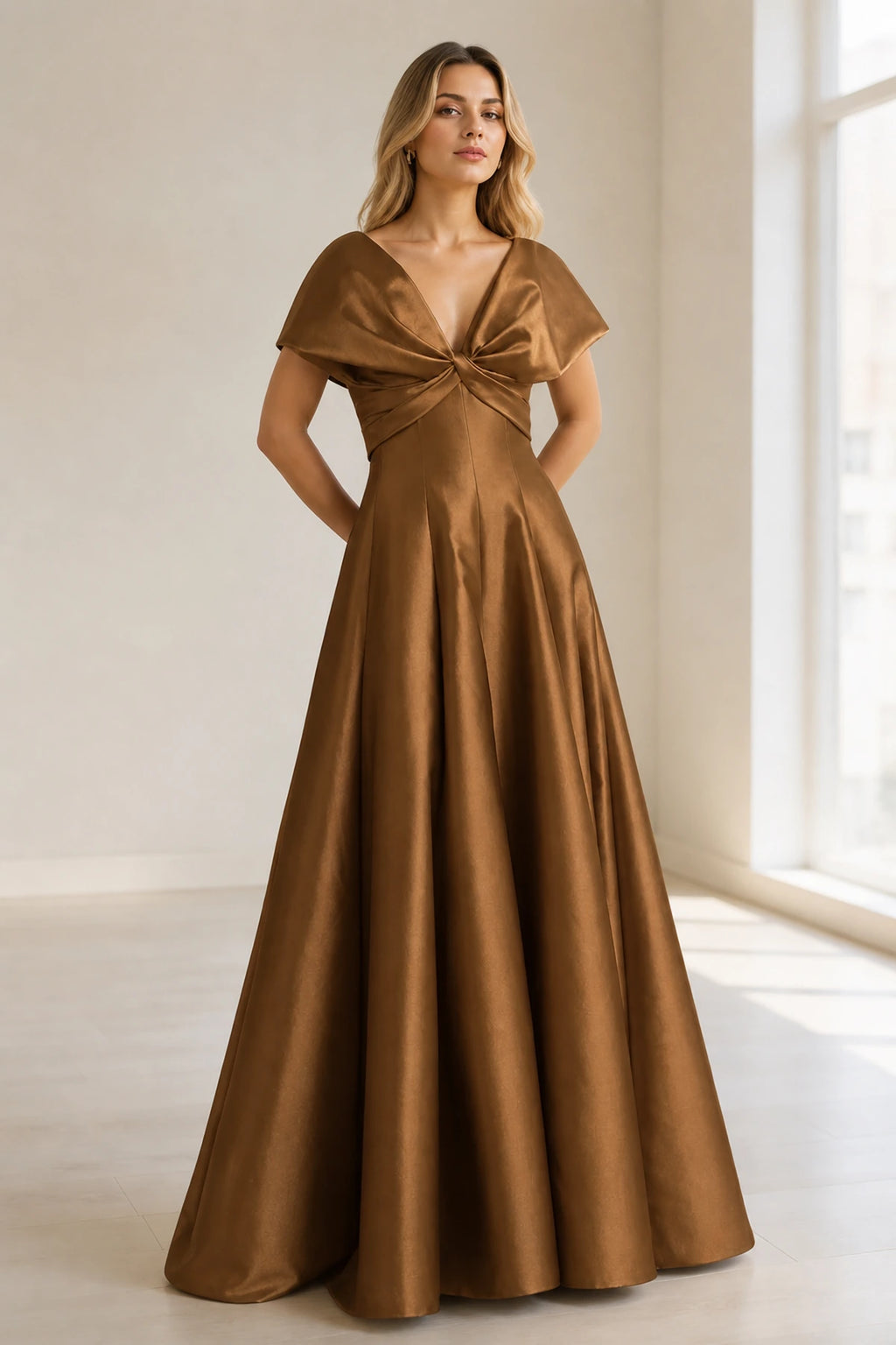 Sophisticated A-Line V-Neck Cape-Sleeve Zipper-Back Floor-Length Satin Evening Dress