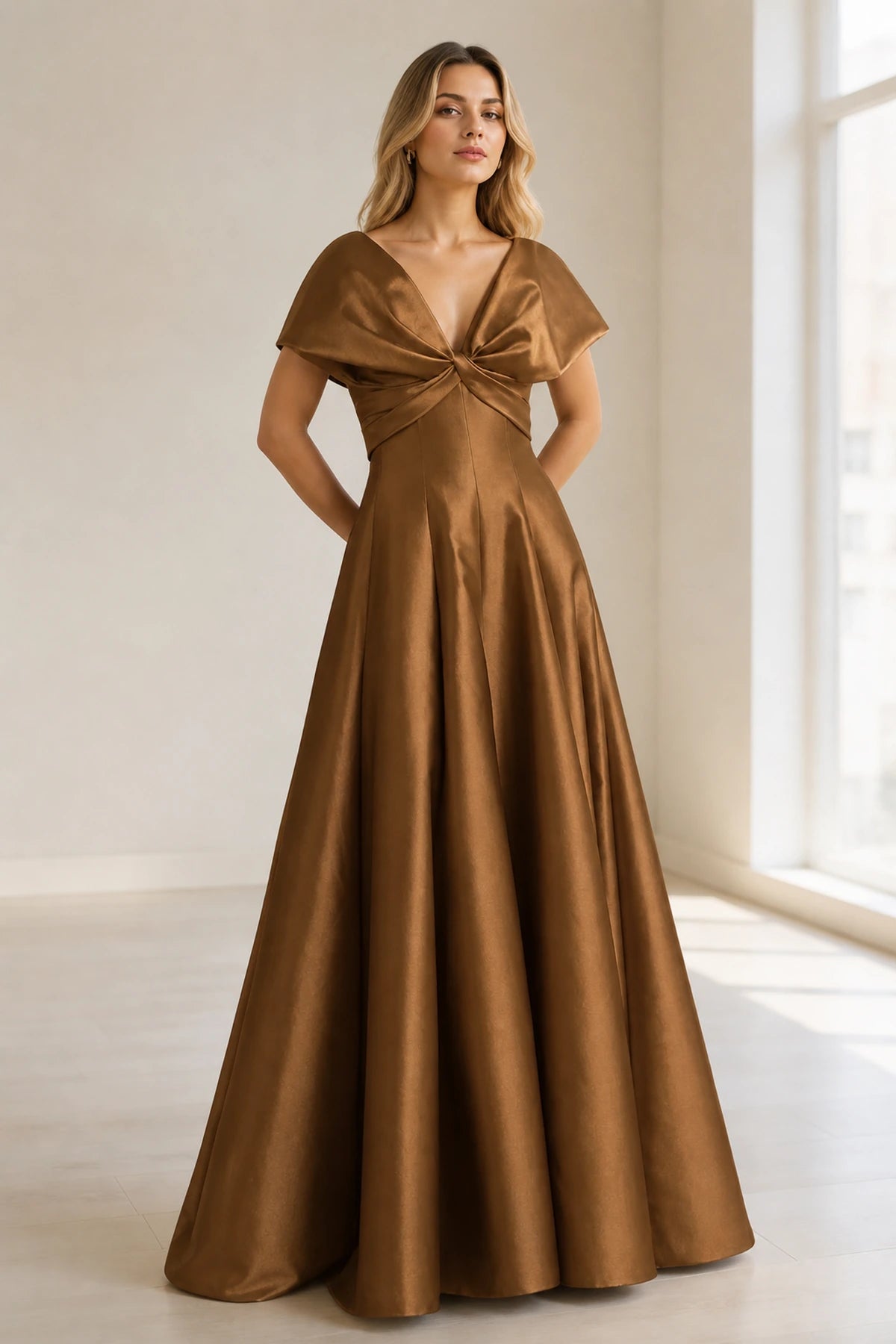 Sophisticated A-Line V-Neck Cape-Sleeve Zipper-Back Floor-Length Satin Evening Dress