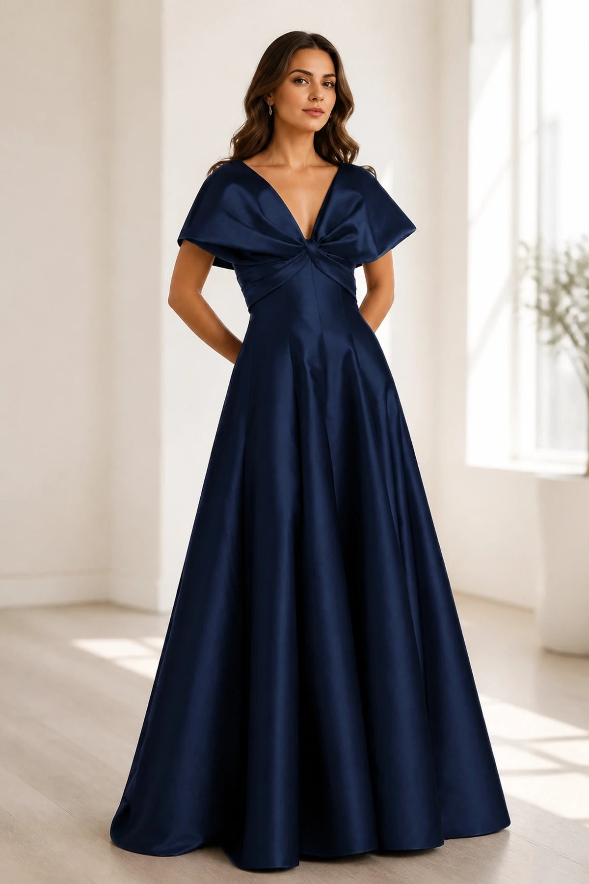 Sophisticated A-Line V-Neck Cape-Sleeve Zipper-Back Floor-Length Satin Evening Dress