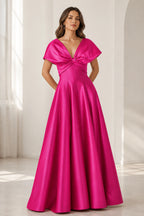 Sophisticated A-Line V-Neck Cape-Sleeve Zipper-Back Floor-Length Satin Evening Dress