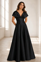 Sophisticated A-Line V-Neck Cape-Sleeve Zipper-Back Floor-Length Satin Evening Dress
