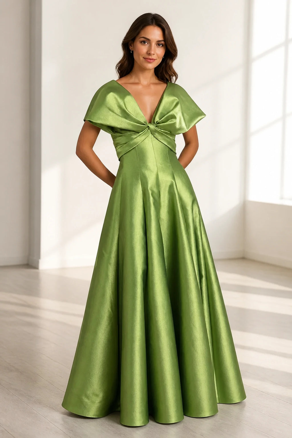 Olive green A-line evening dress with V-neck, cape sleeves and twisted ruched bodice by GraceProm