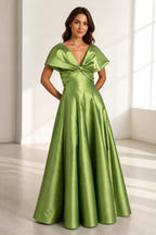 Olive green A-line evening dress with V-neck, cape sleeves and twisted ruched bodice by GraceProm