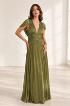 Olive green A-line V-neck wedding guest dress with draped sleeves, ruched waist, flowing long skirt and tie-back detail, front and back view by Vedress
