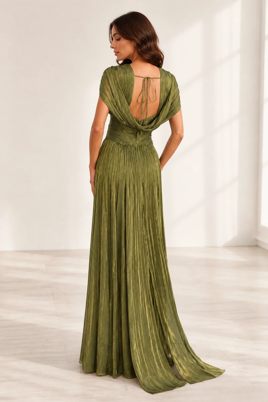 Olive green A-line V-neck wedding guest dress with draped sleeves, ruched waist, flowing long skirt and tie-back detail, front and back view by Vedress