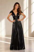 Refined A-Line V-Neck Draped-Sleeve Tie-Back Long Wedding Guest Dress