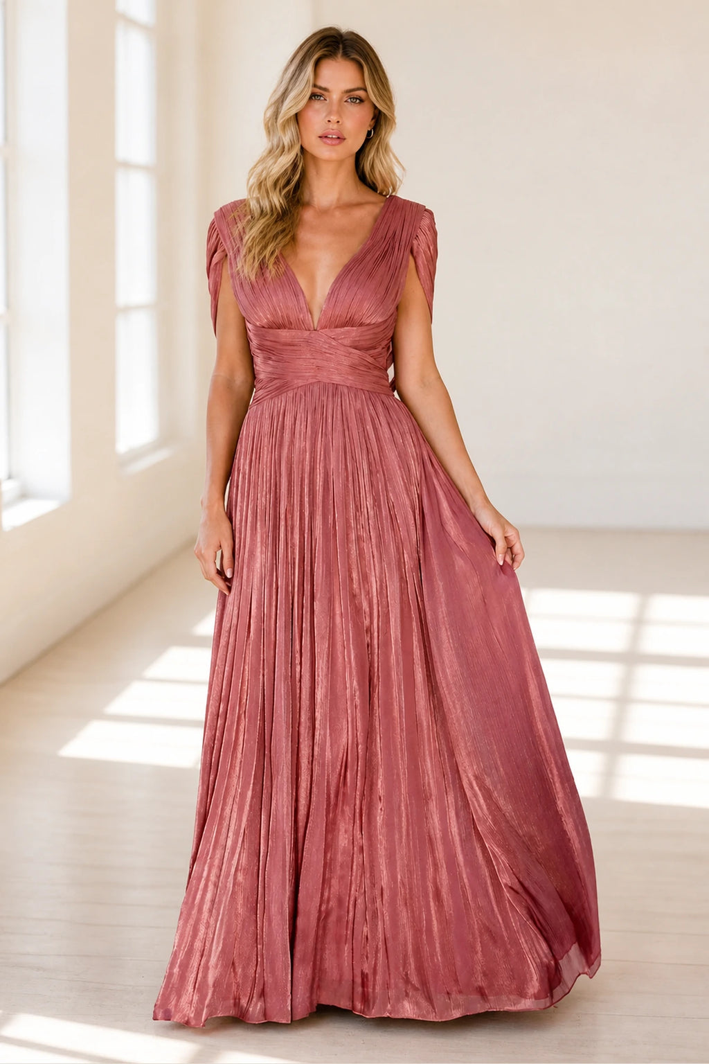 Refined A-Line V-Neck Draped-Sleeve Tie-Back Long Wedding Guest Dress