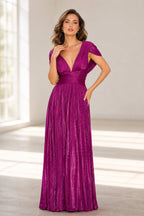 Refined A-Line V-Neck Draped-Sleeve Tie-Back Long Wedding Guest Dress