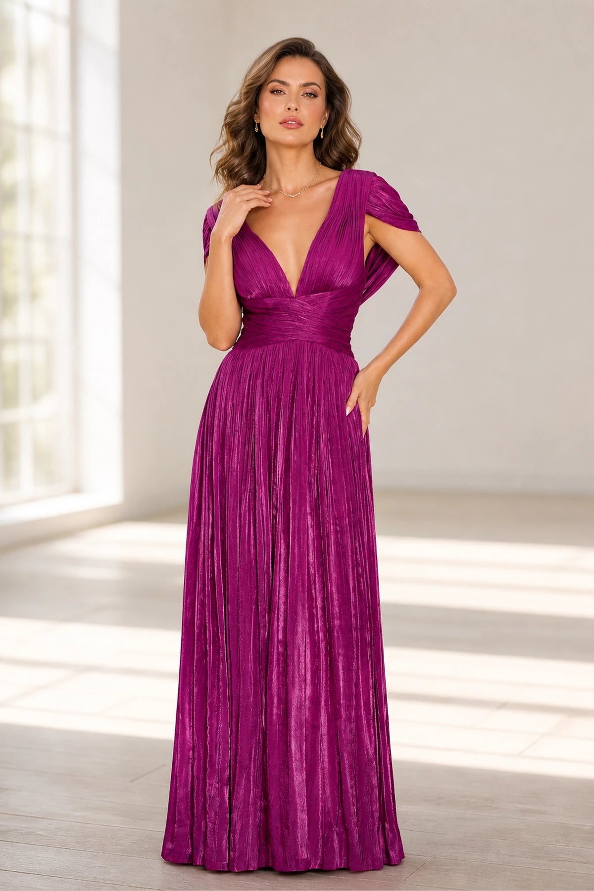 Refined A-Line V-Neck Draped-Sleeve Tie-Back Long Wedding Guest Dress
