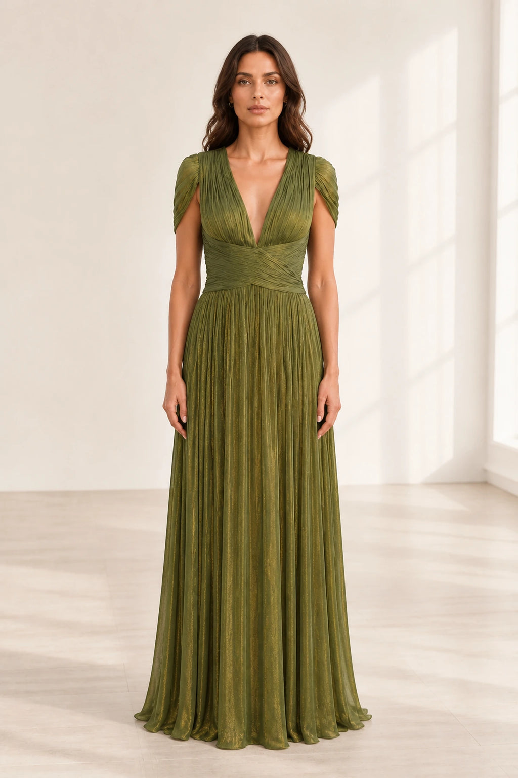 Refined A-Line V-Neck Draped-Sleeve Tie-Back Long Wedding Guest Dress