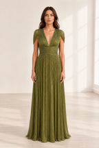 Refined A-Line V-Neck Draped-Sleeve Tie-Back Long Wedding Guest Dress