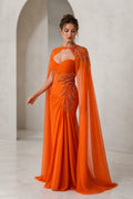 GraceProm orange evening dress with sweetheart neckline embellished waist draped cape and floor length silhouette