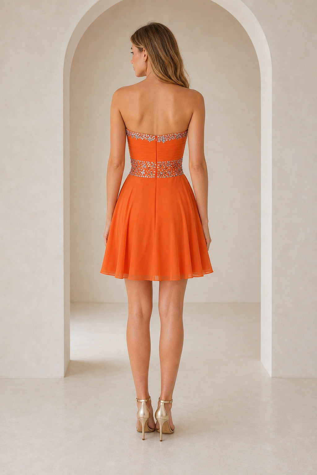 Orange short homecoming Dress with beaded waist detail and elegant back view