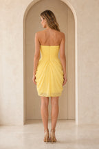 Yellow short homecoming Dress with strapless back and flowing A line skirt back view