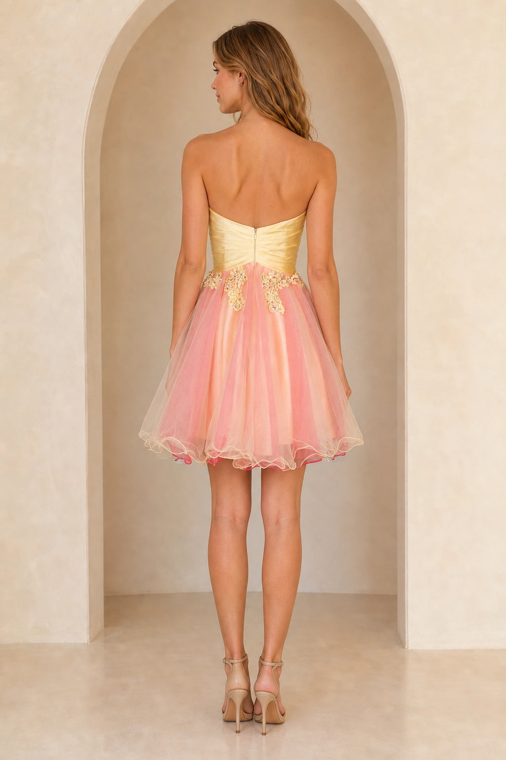 Yellow and pink short homecoming Dress with strapless back and floral waist detail back view