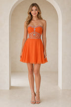 Orange beaded homecoming Dress with sweetheart neckline and A line chiffon skirt front view