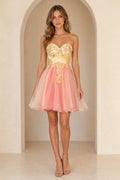 Yellow and pink homecoming Dress with sweetheart neckline and floral embellished tulle skirt front view