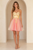 Yellow and pink homecoming Dress with sweetheart neckline and floral embellished tulle skirt front view
