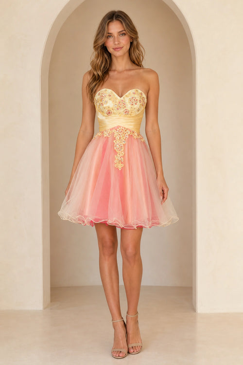 Yellow and pink homecoming Dress with sweetheart neckline and floral embellished tulle skirt front view
