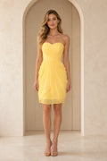 Yellow strapless homecoming Dress with sweetheart neckline and ruched A line skirt front view