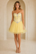 Yellow beaded homecoming Dress with sweetheart neckline and short tulle A line skirt front view