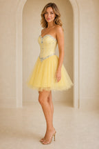 Yellow Beaded Homecoming Dress with Sweetheart Neckline and Lace Up Tulle Skirt