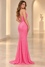 Elegant Mermaid V Neck Sleeveless Lace Back Floor Length Prom Dress