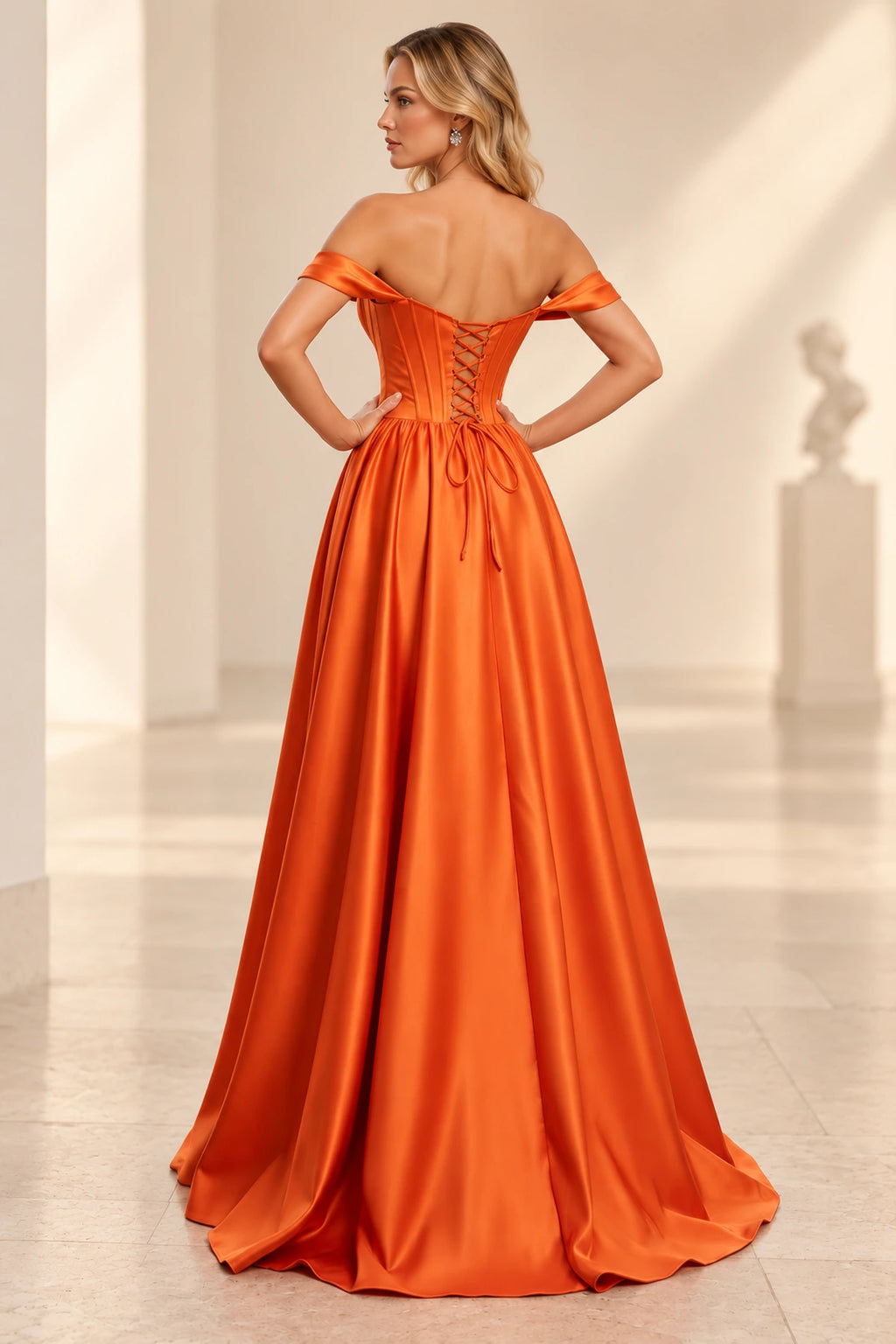 Orange prom dress showing a low V-shaped lace-up back, vertical bodice detailing, waist bow, and gathered floor-length skirt.