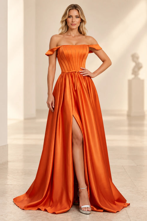 Orange A line prom dress with folded off shoulder bands, a paneled corset-style bodice, slim waist tie, and high front slit.
