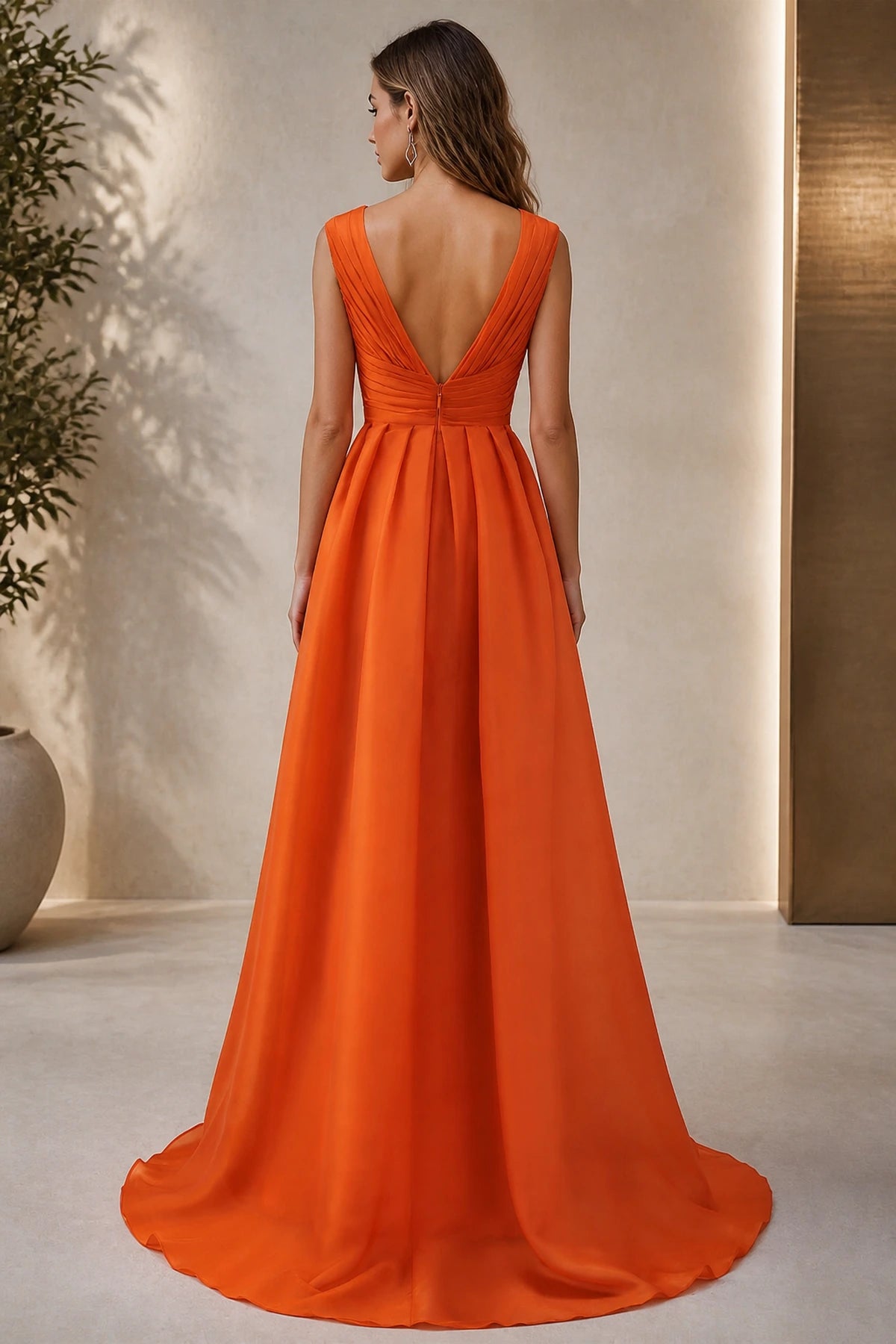 Orange sleeveless V-back floor-length bridesmaid dress back view